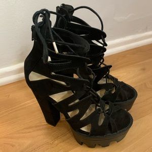 Black faux-suede platform sandals